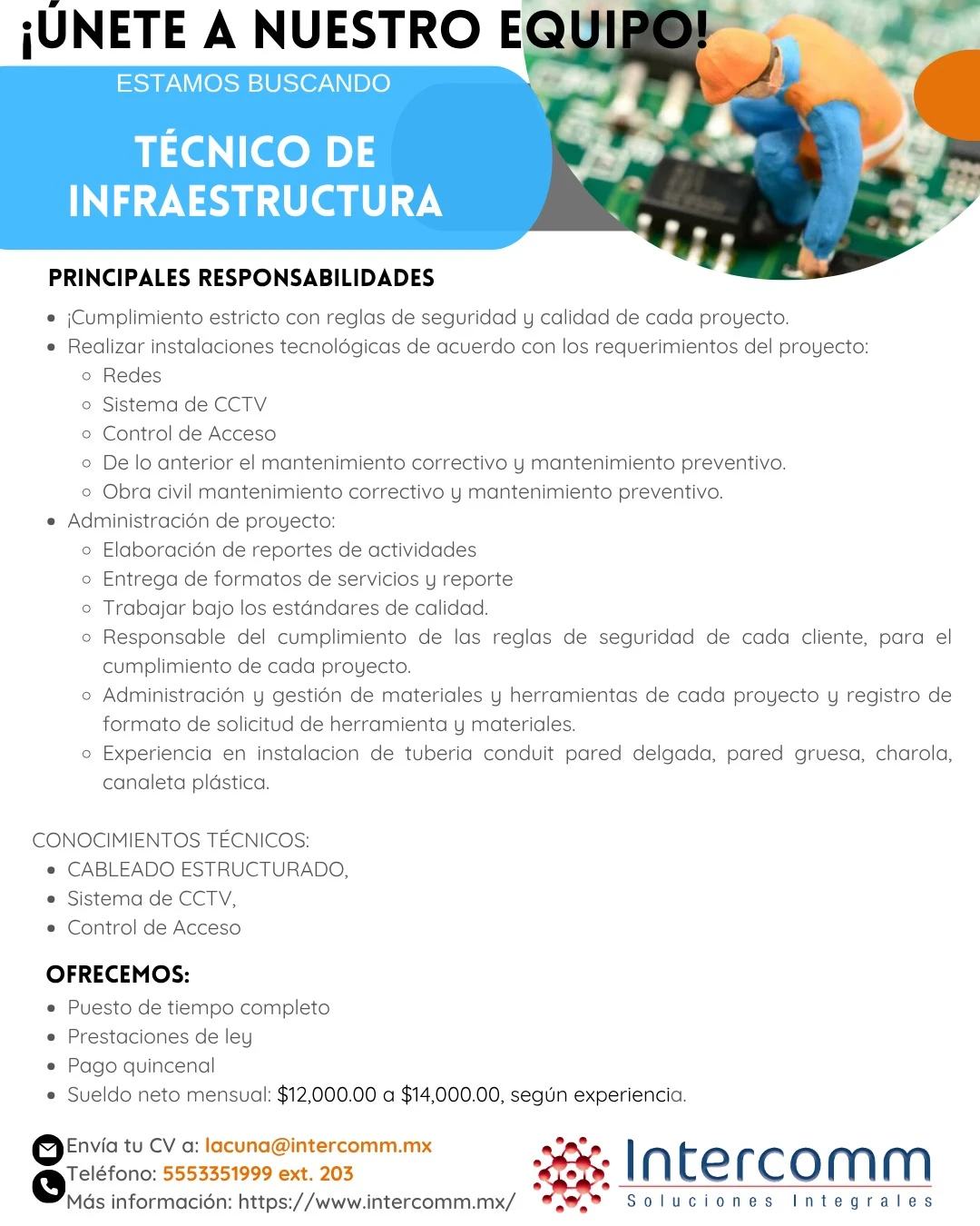 Flyer de la vacante Técnico de Infraestructura